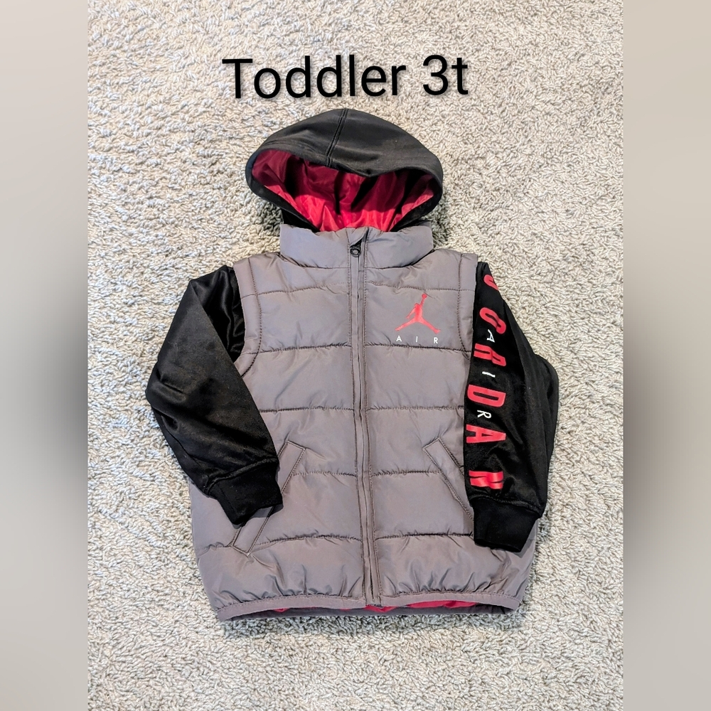 Toddler 3t Air Jordan Puffer Vest Hooded Jacket Hoodie Gray Black